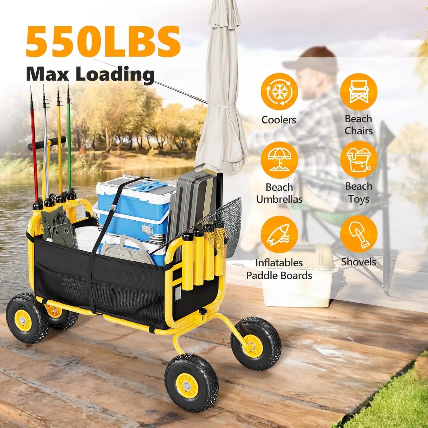 Foldable Trolley with 11" Airless Tires, Beach Trailer 550 lbs Load Capacity, 8 Rod Holders