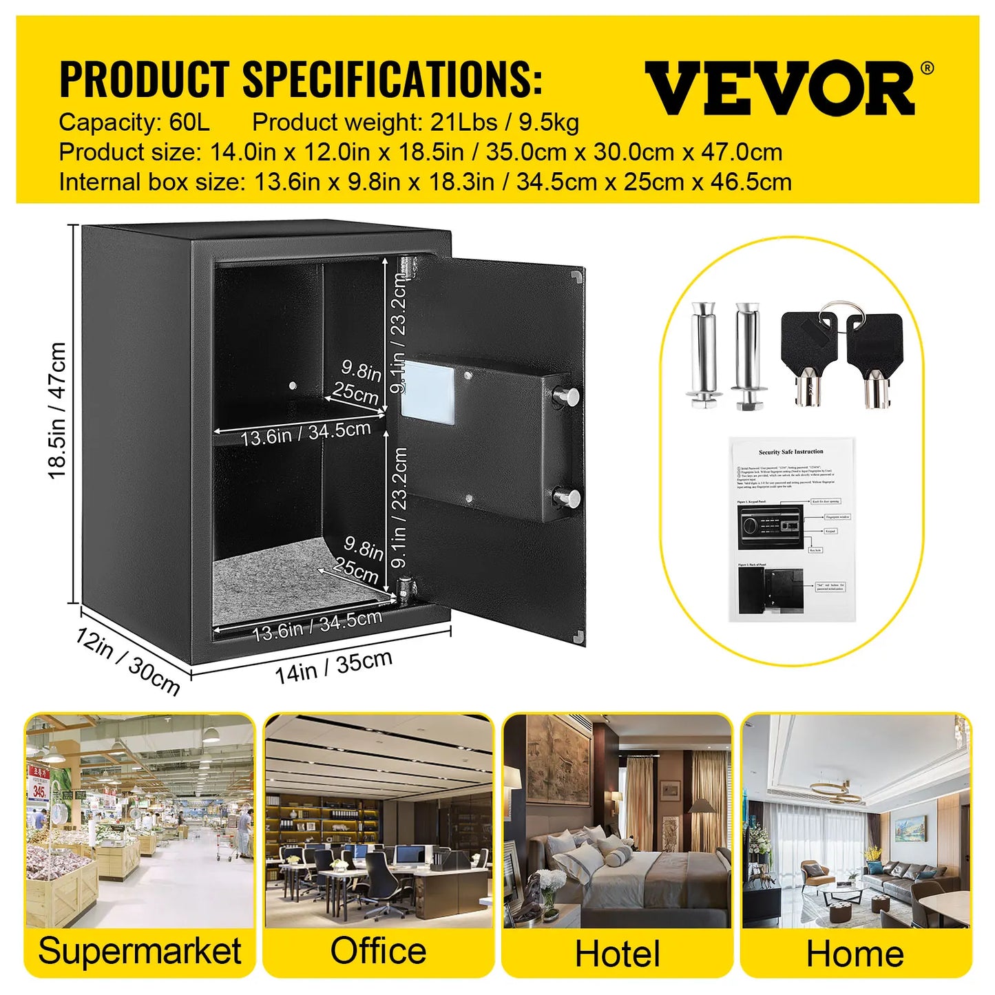 Fingerprint Locks Safe Deposit Box 0.8/1.7/2.1 Cubic Feet Digital Electronic Bank for Money, Guns