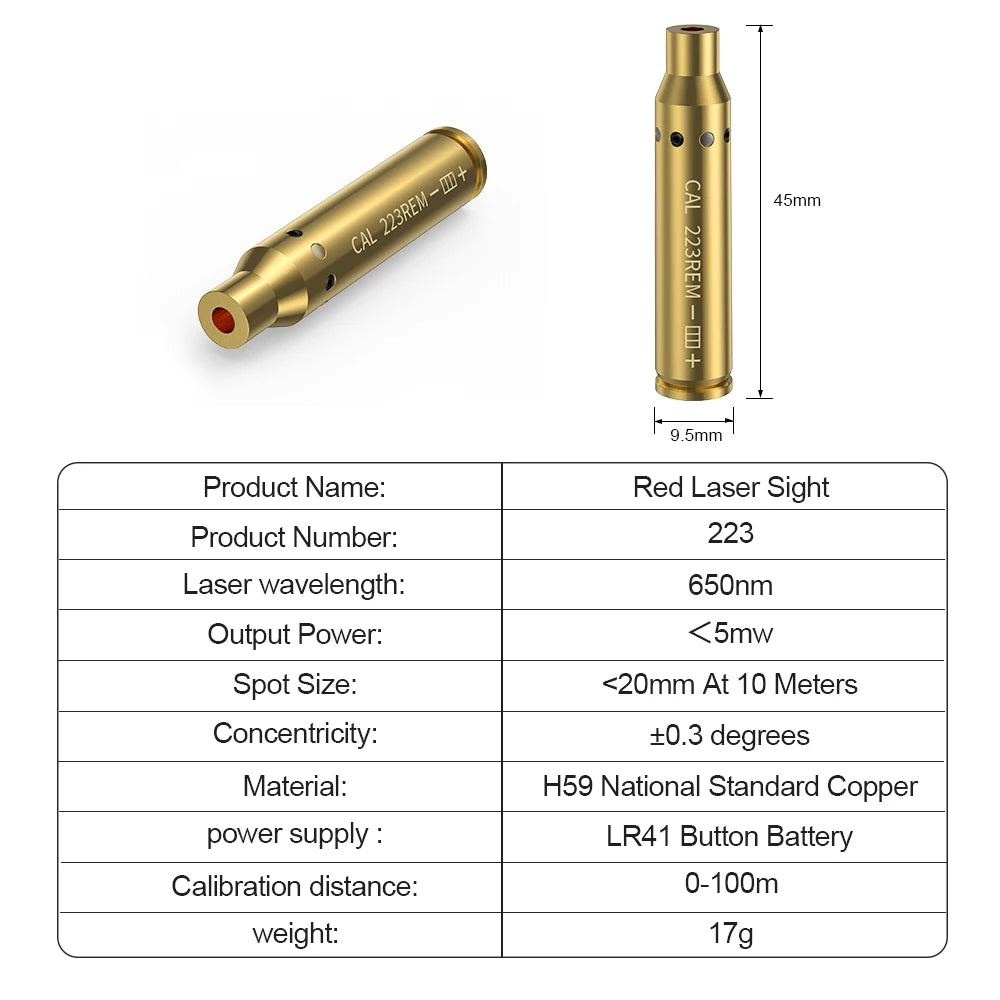 223REM Optics Cartridge Red Dot Laser Brass Boresighter