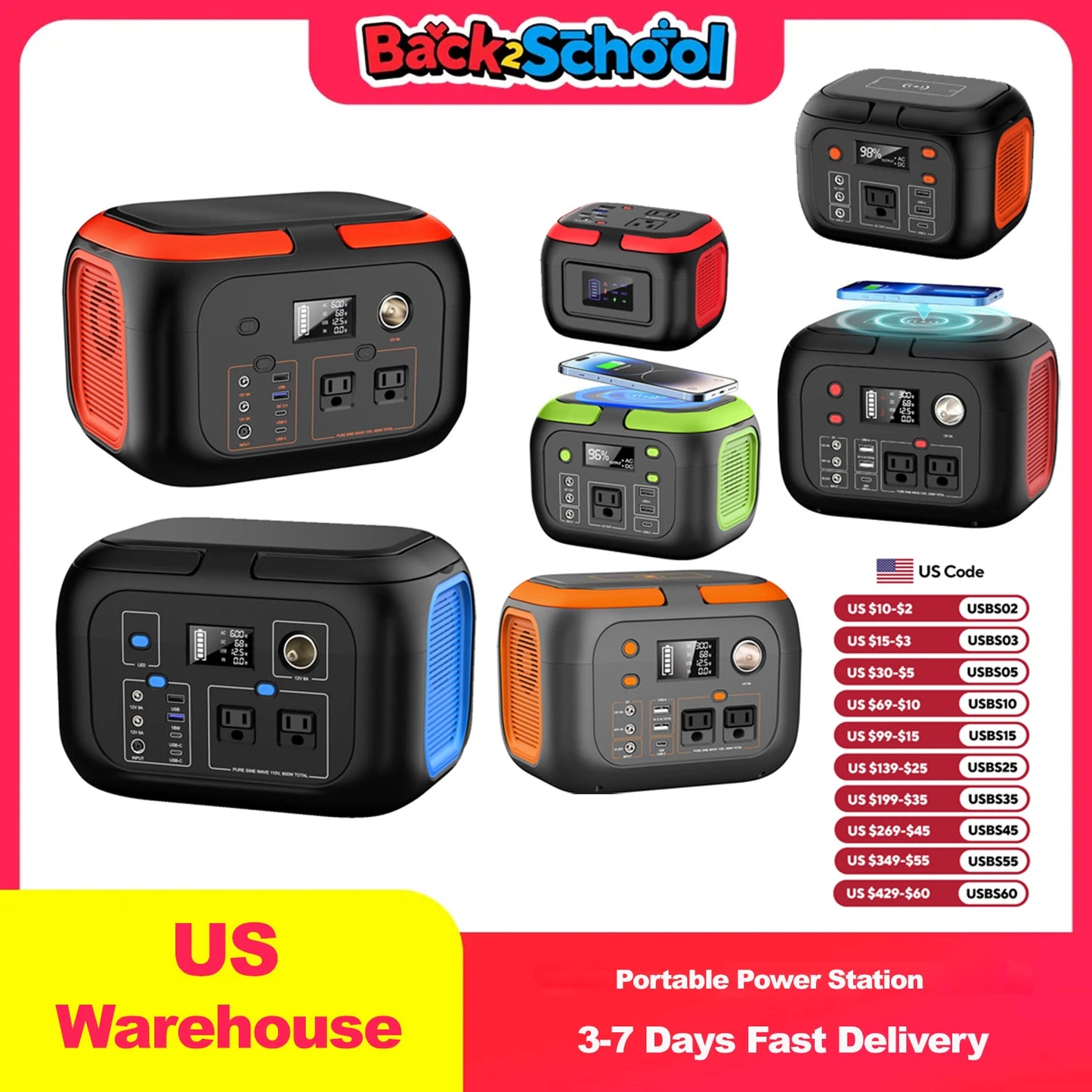 600W/300W/200W/120W Portable Power Station,110V AC Outlets Solar Generator