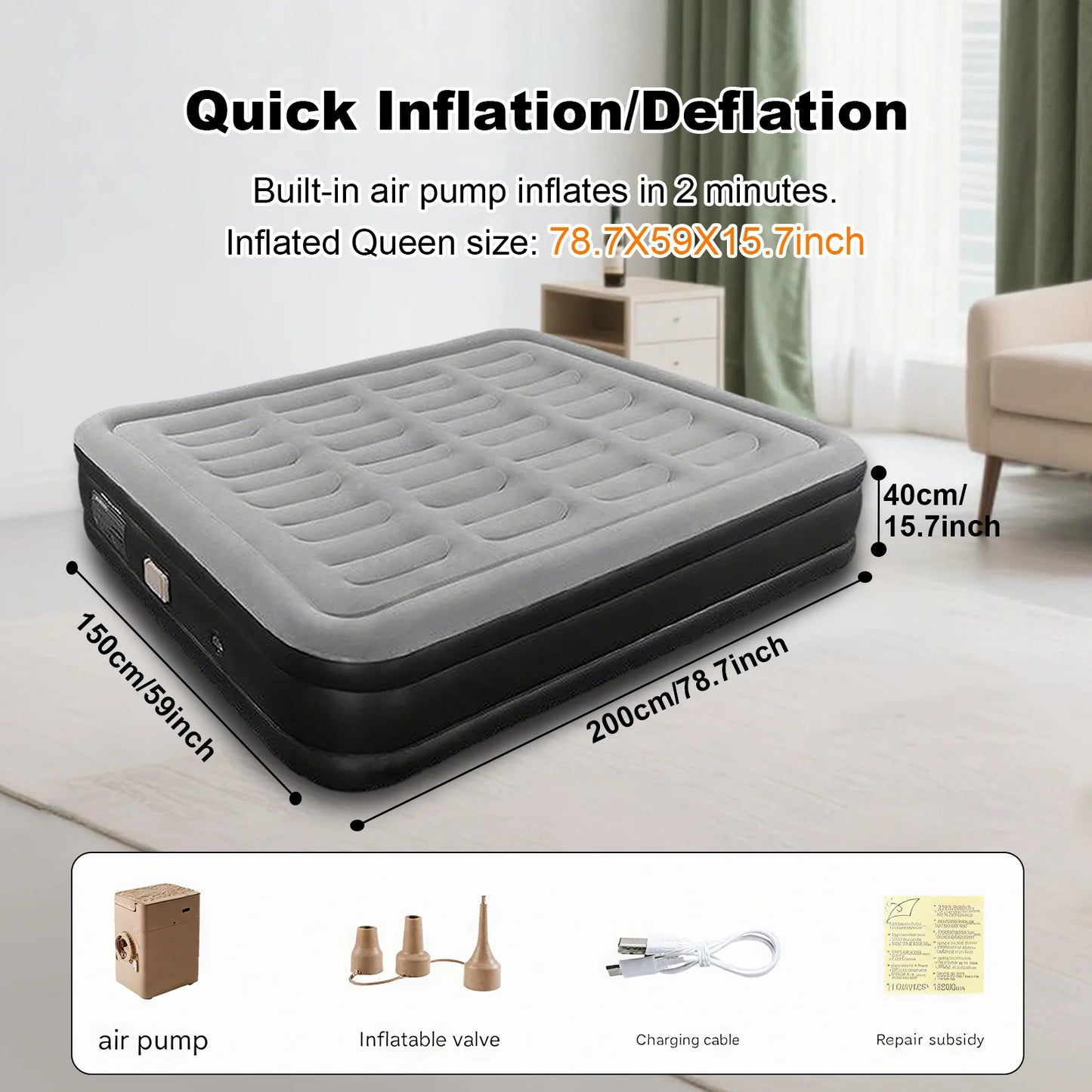PVC Automatic Inflatable Mattress Camping/Home, Built-In Pump