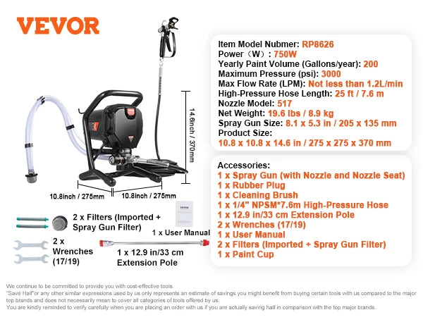 750W 950W Airless Paint Sprayer 3000PSI High Efficiency Electric