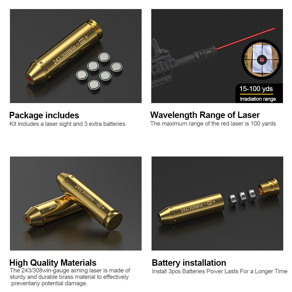 243/308WIN Optics Cartridge Red Dot Laser Brass Boresighter