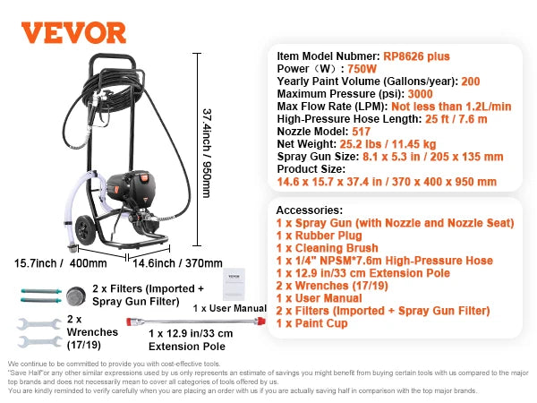 750W 950W Airless Paint Sprayer 3000PSI High Efficiency Electric