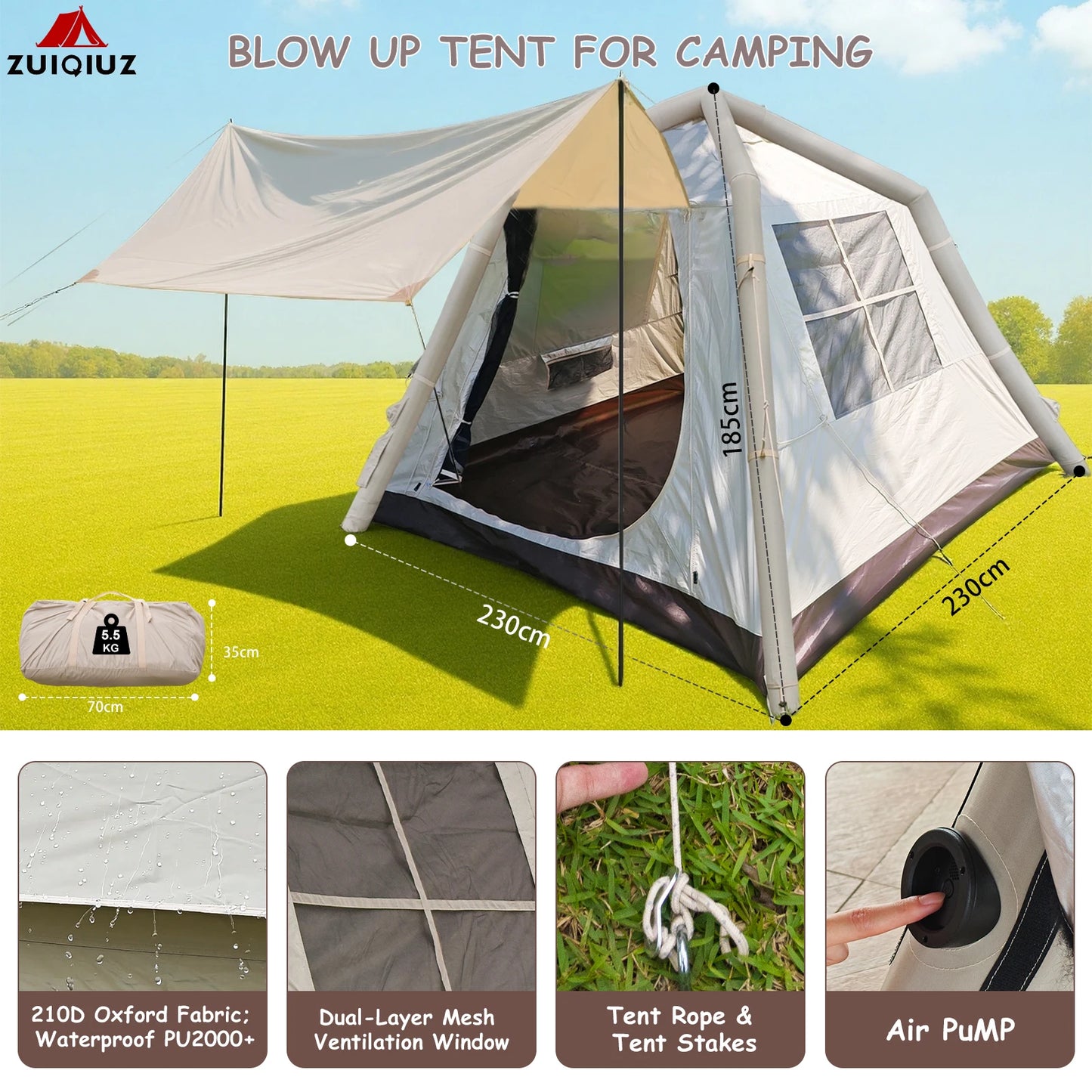 Inflatable Camping Tent, 3-6 Person