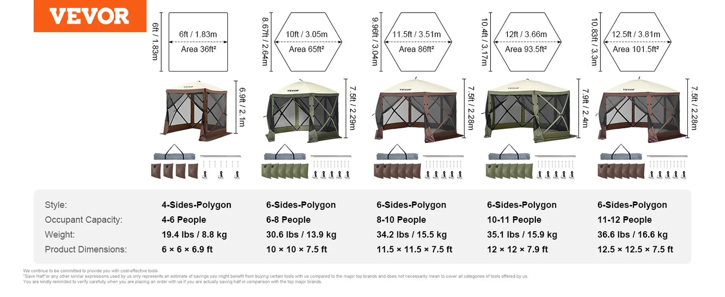Pop Up Gazebo Tent, Pop-Up Screen Tent, 6 Sided Canopy Sun Shelter