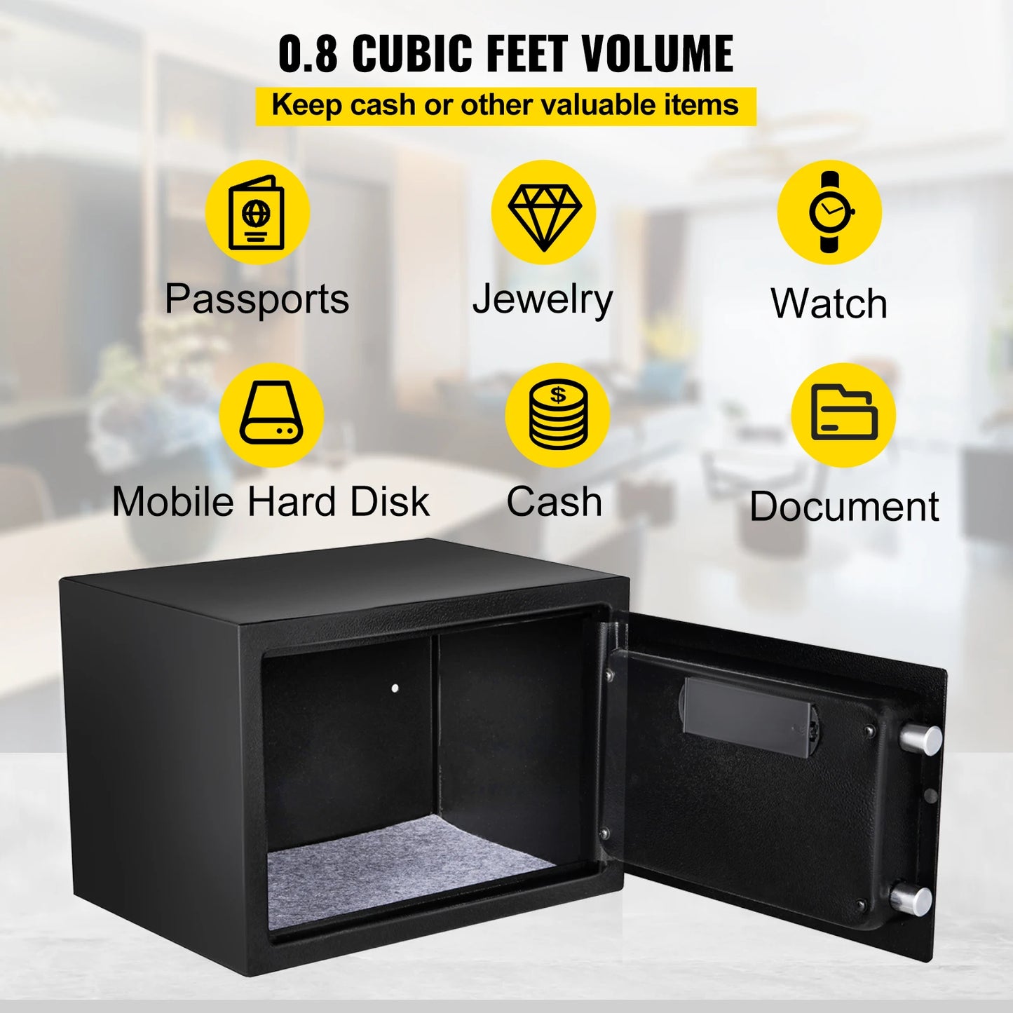 Fingerprint Locks Safe Deposit Box 0.8/1.7/2.1 Cubic Feet Digital Electronic Bank for Money, Guns