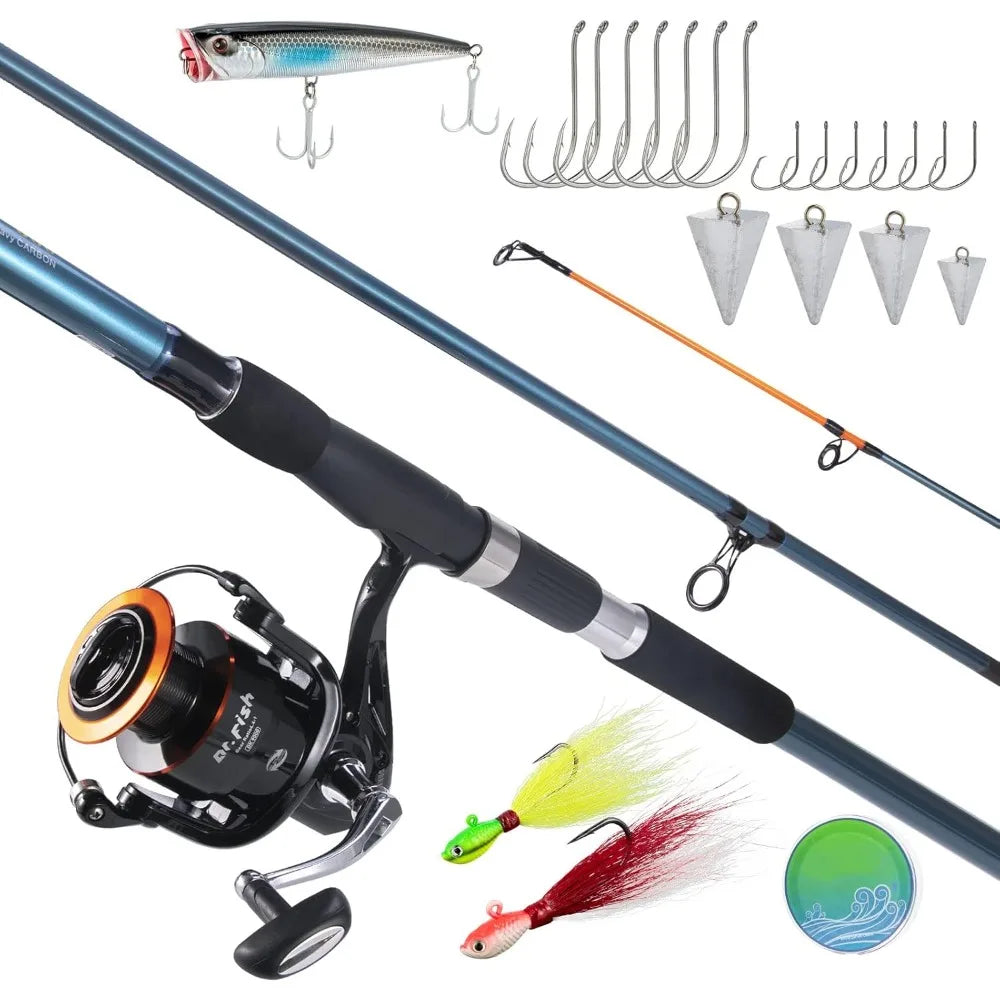 Surf rod and reel combination, saltwater fishing combination
