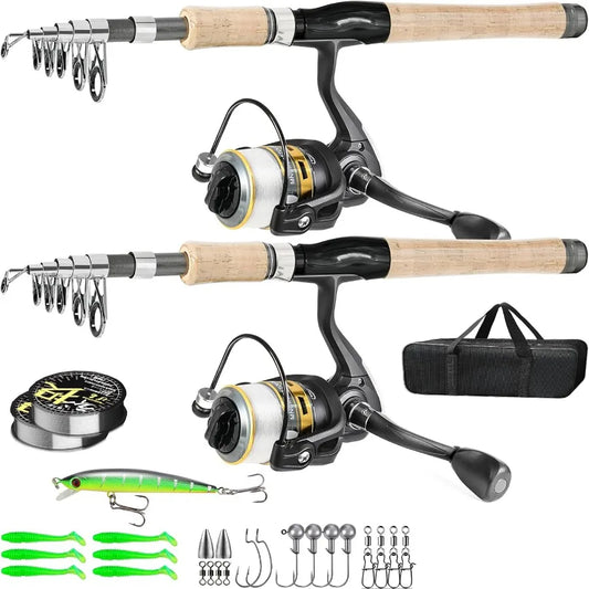 2PCS Carbon Fiber Fishing Pole Combo with 12+1, Shielded Bearings, Stainless Steel BB Spinning Reels