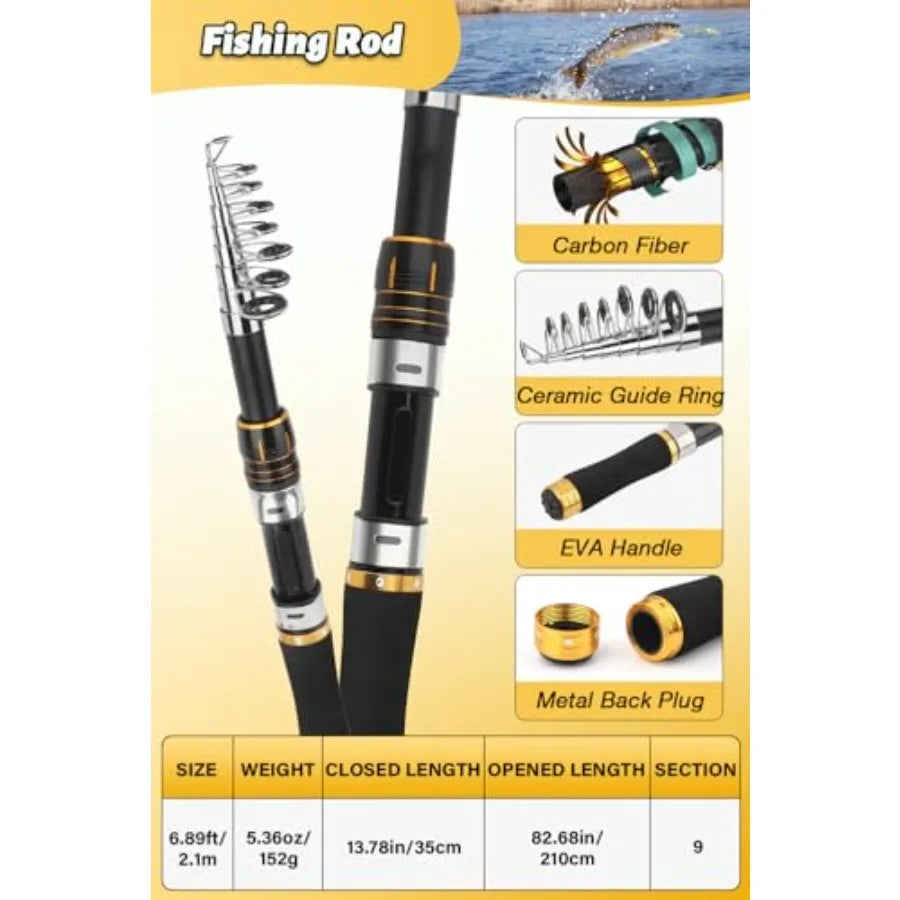 Fishing Pole Combo Set 6.89 ft Carbon Fiber Telescopic Fishing Rod and Reel Combo