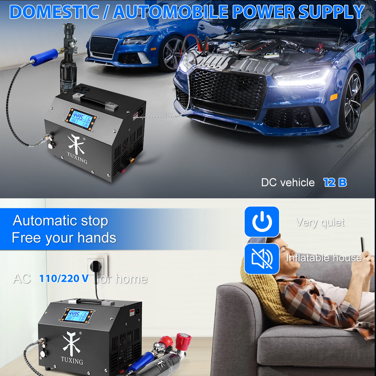 TUXING TXET063 300Bar High Pressure PCP Air Compressor Built-in power supply with LCD Display Digital Control System for Airgun