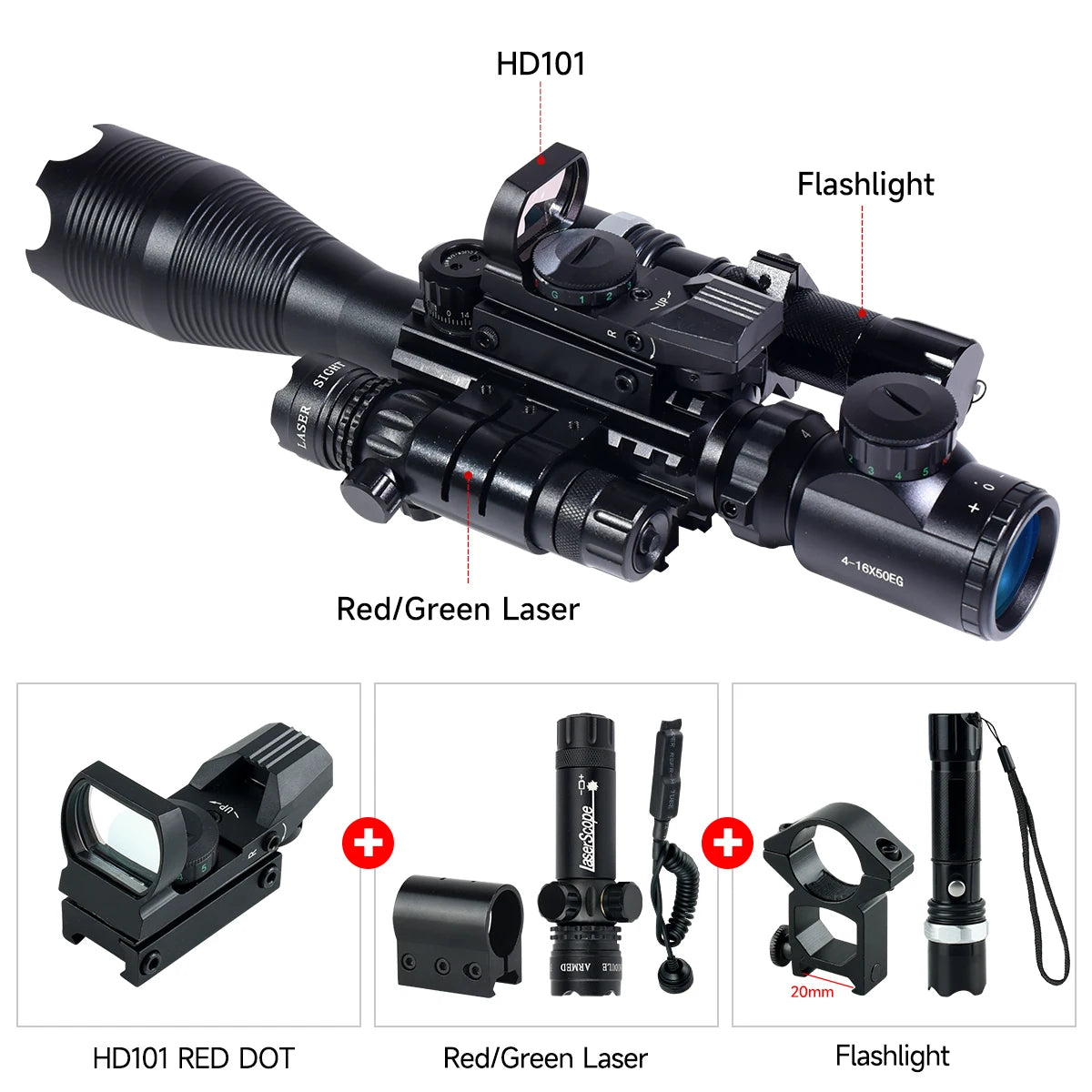 Hunting RifleScopes 4-16X50EG W/Red Dot Sight, Laser Pointer Flashlight Combo