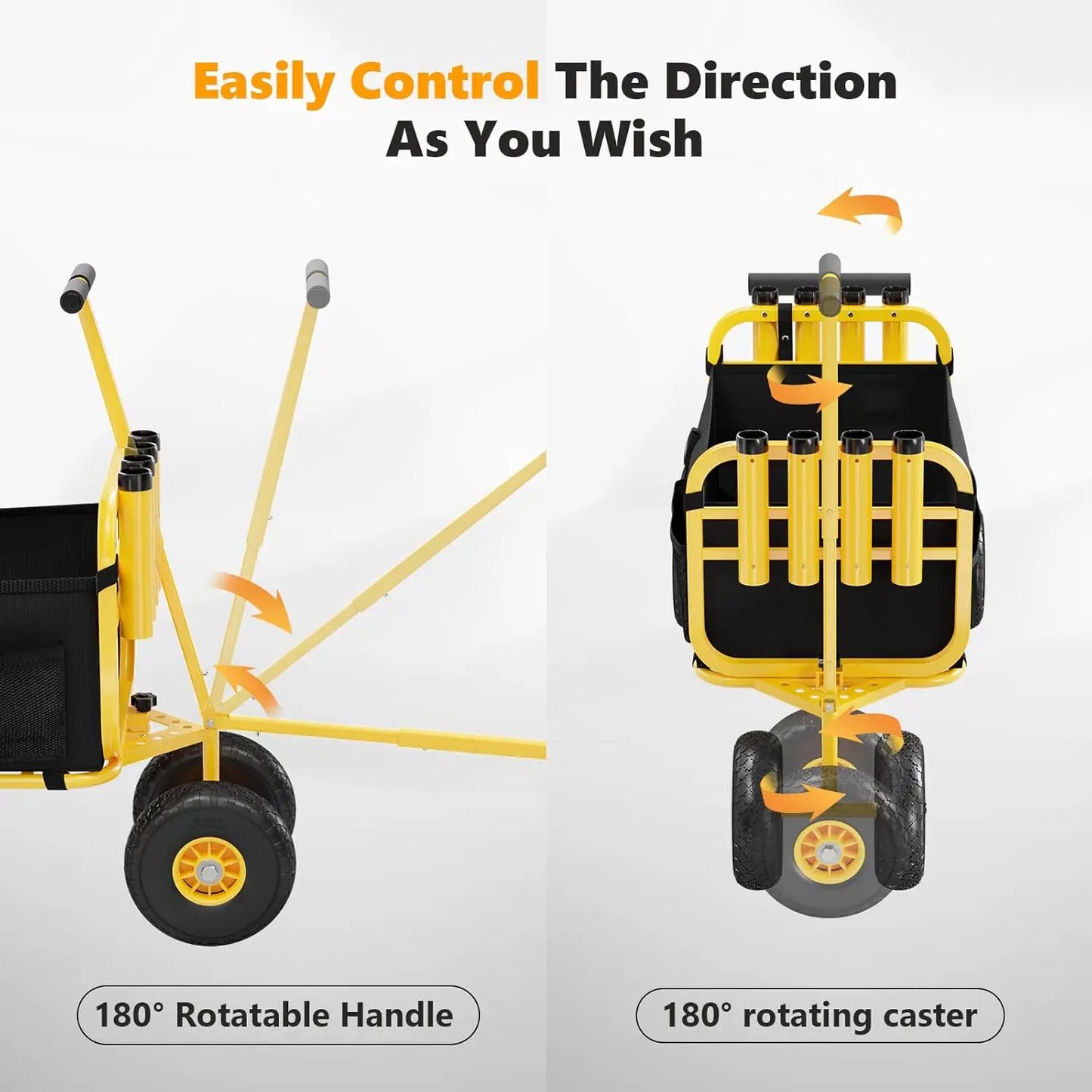 Foldable Trolley with 11" Airless Tires, Beach Trailer 550 lbs Load Capacity, 8 Rod Holders