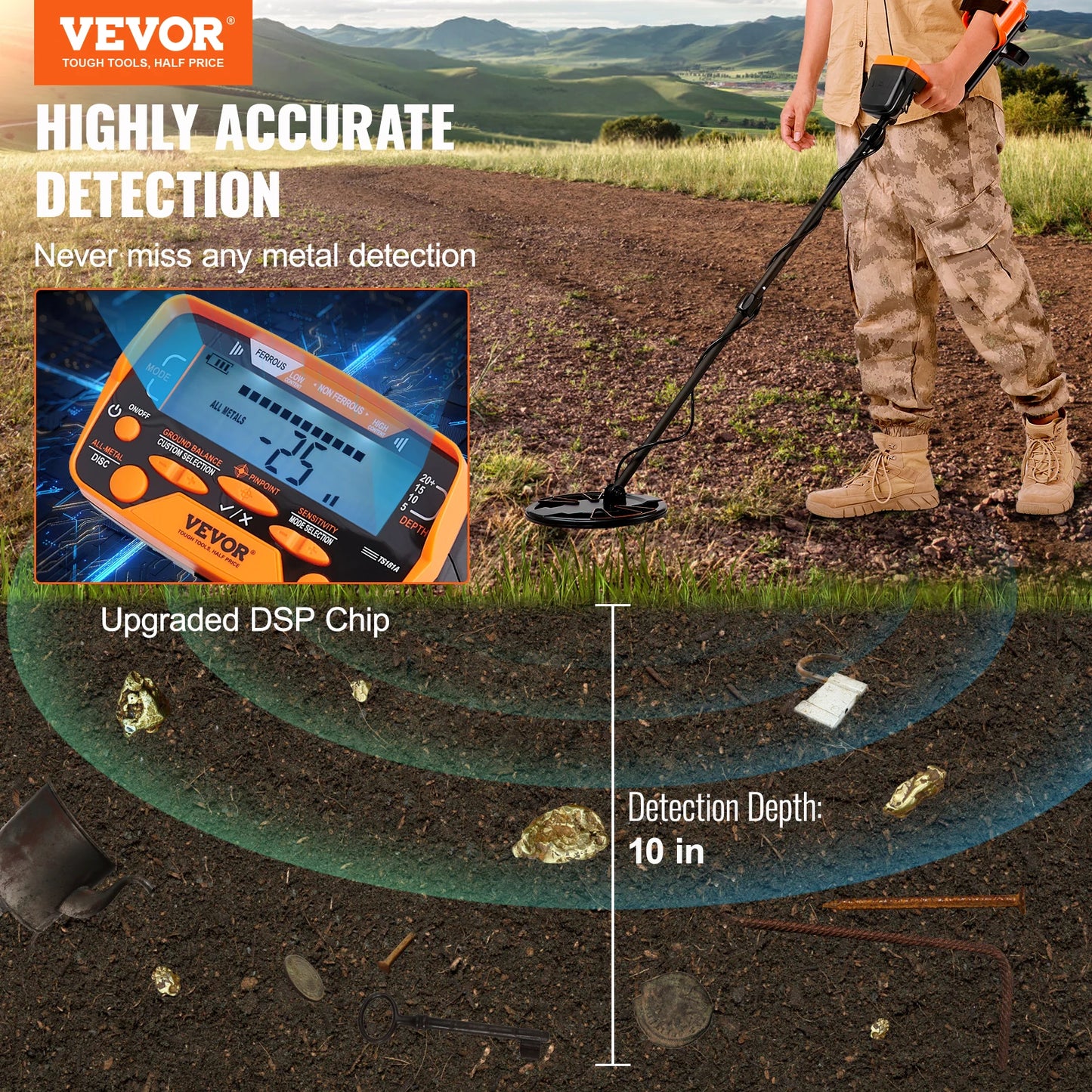 Metal Detector for Adults & Kids 10 Inch Waterproof Search Coil with LCD Display