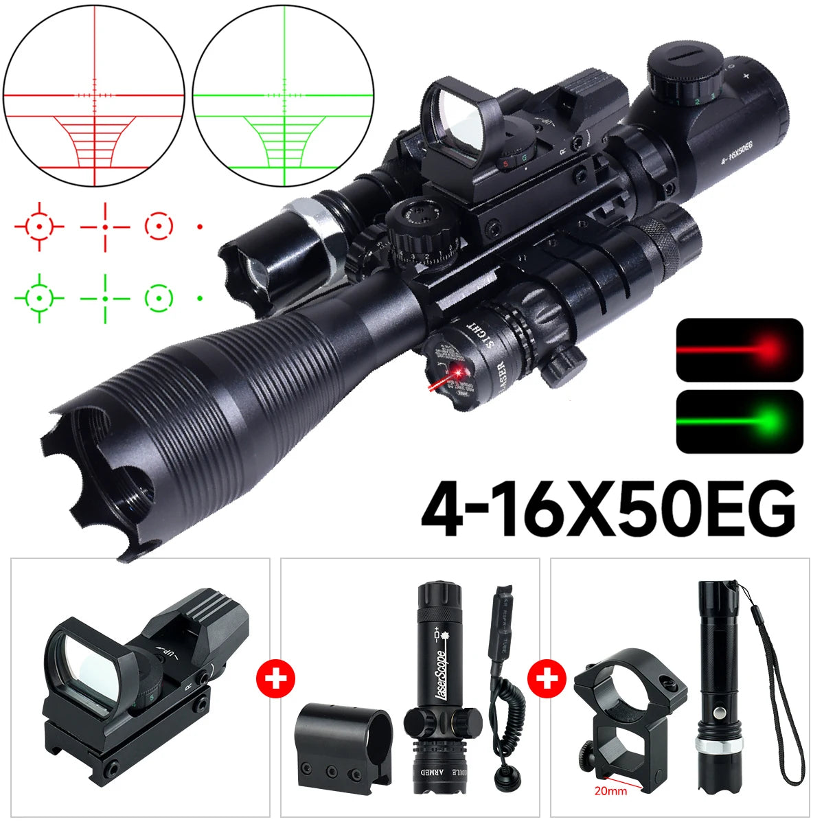 Hunting RifleScopes 4-16X50EG W/Red Dot Sight, Laser Pointer Flashlight Combo