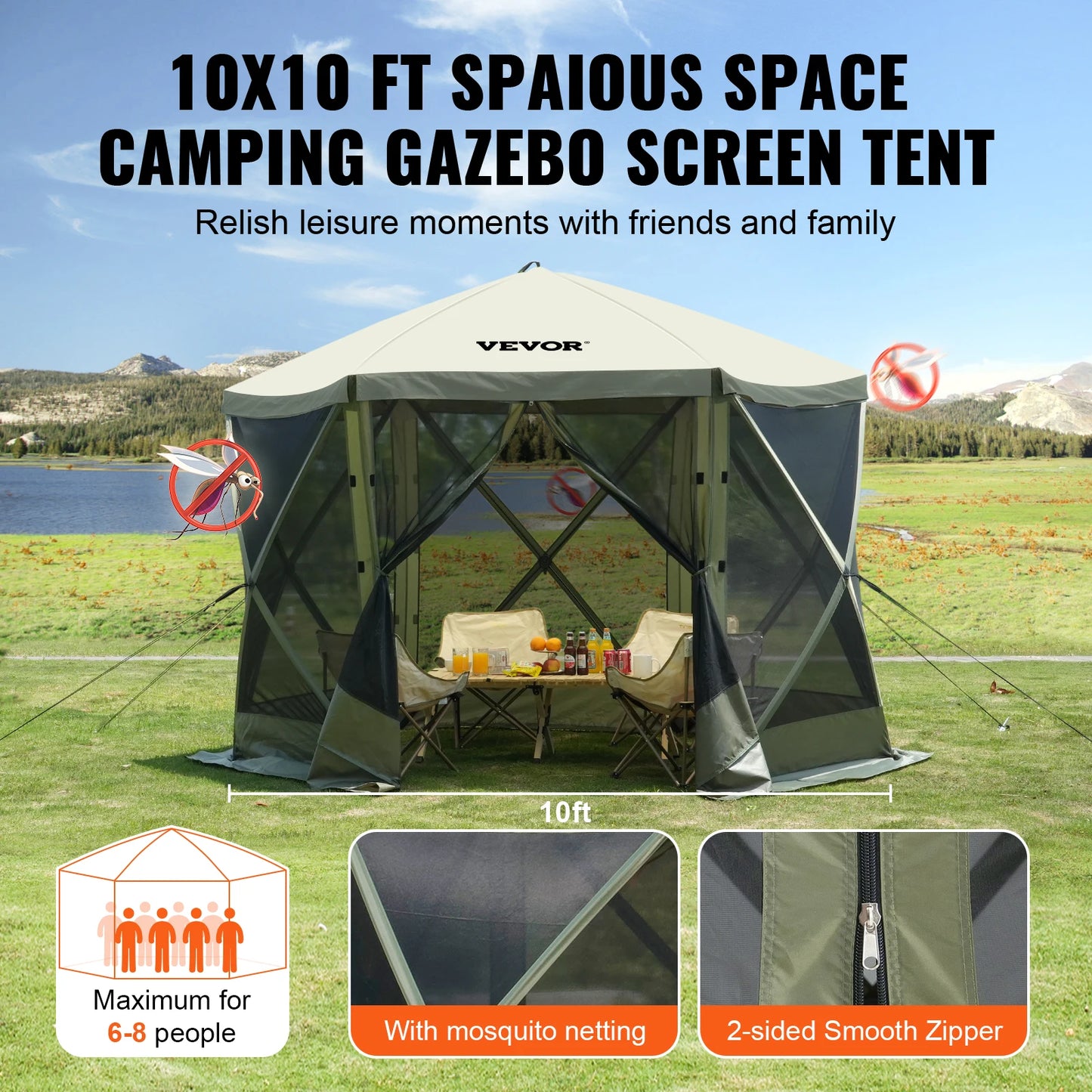 Pop Up Gazebo Tent, Pop-Up Screen Tent, 6 Sided Canopy Sun Shelter