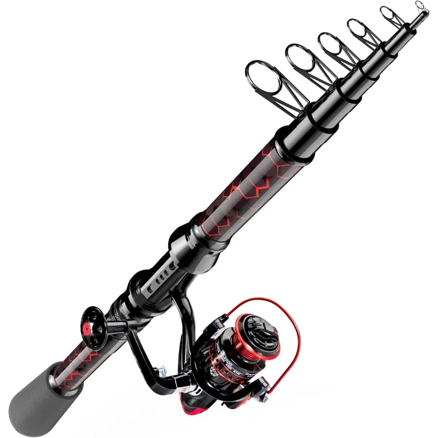 Fishing Rod and Reel Combos with Unique XWarping Painting Design, Carbon Fiber Telescopic Fishing Rod with Reel Combo Kit