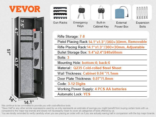 3-8 Rifles Gun Safe w/ Digital Keypad & Lock Gun Storage Cabinet with Removable Storage Shelf