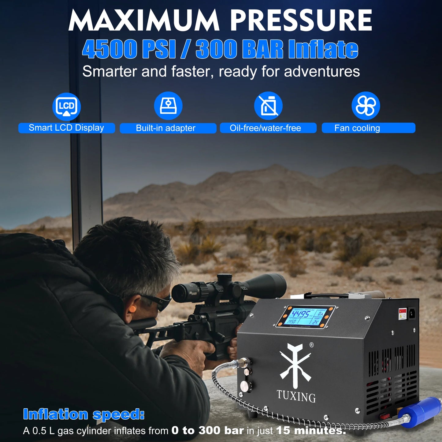 TUXING TXET063 300Bar High Pressure PCP Air Compressor Built-in power supply with LCD Display Digital Control System for Airgun