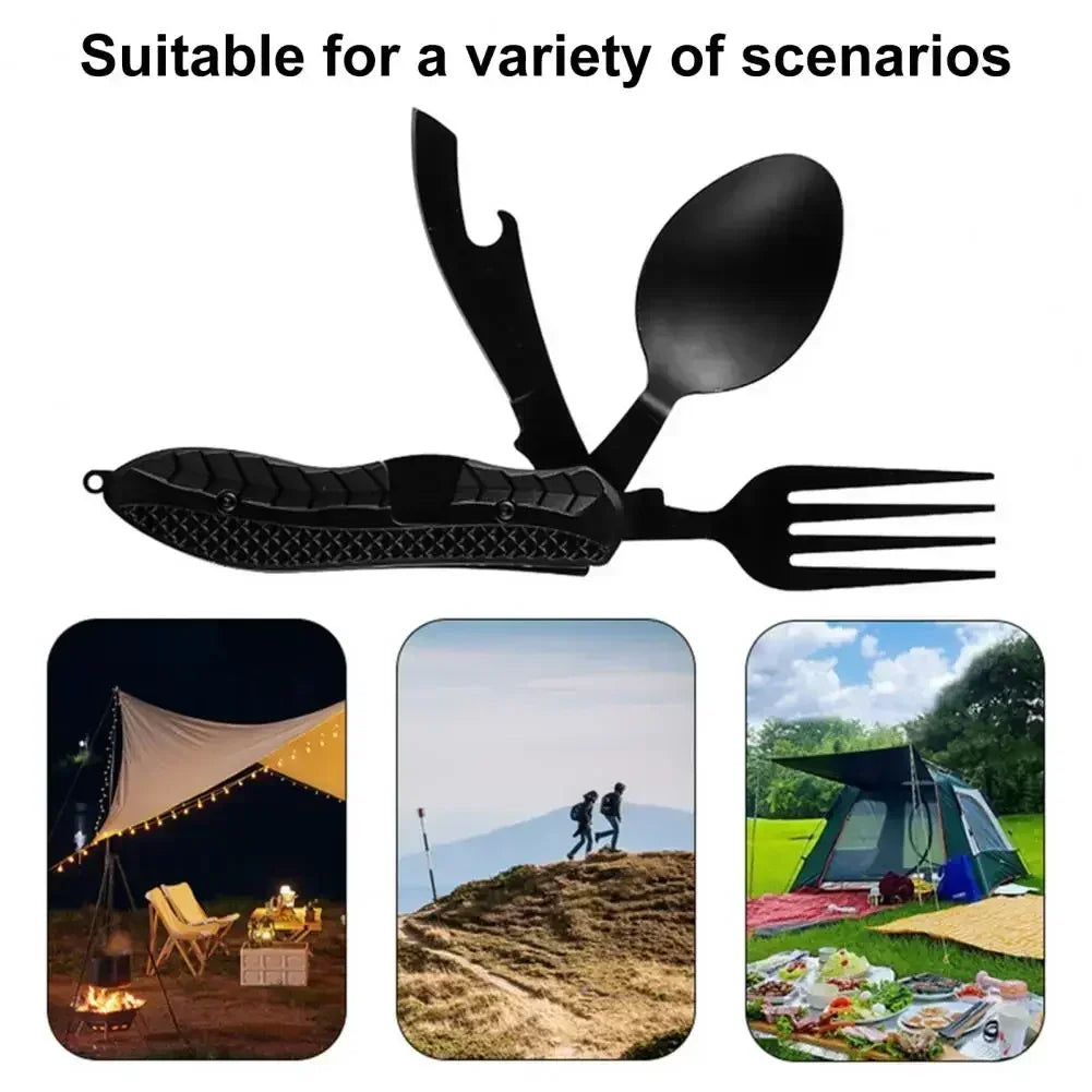 Three-in-One Multi-Tool Camping, Folding Spoon, Fork, Knife Bottle Opener