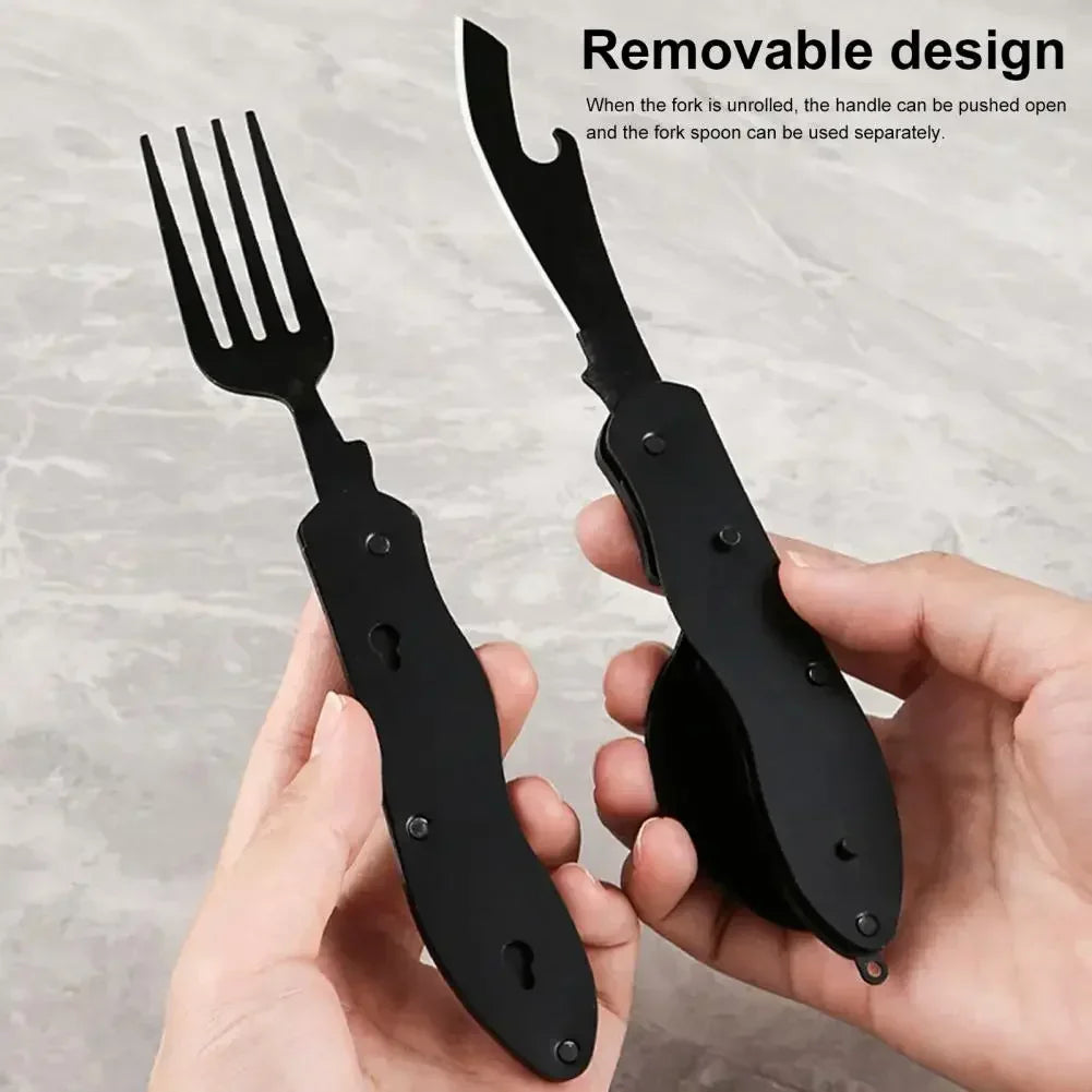 Three-in-One Multi-Tool Camping, Folding Spoon, Fork, Knife Bottle Opener