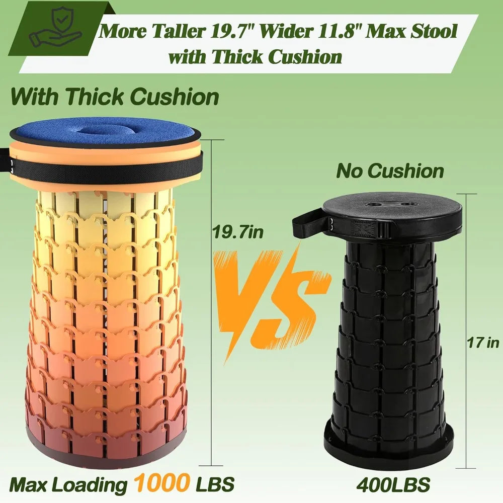 Upgraded XXL Collapsible Stool with Cushion, 19.7" Height Adjustable,  1000# cap.