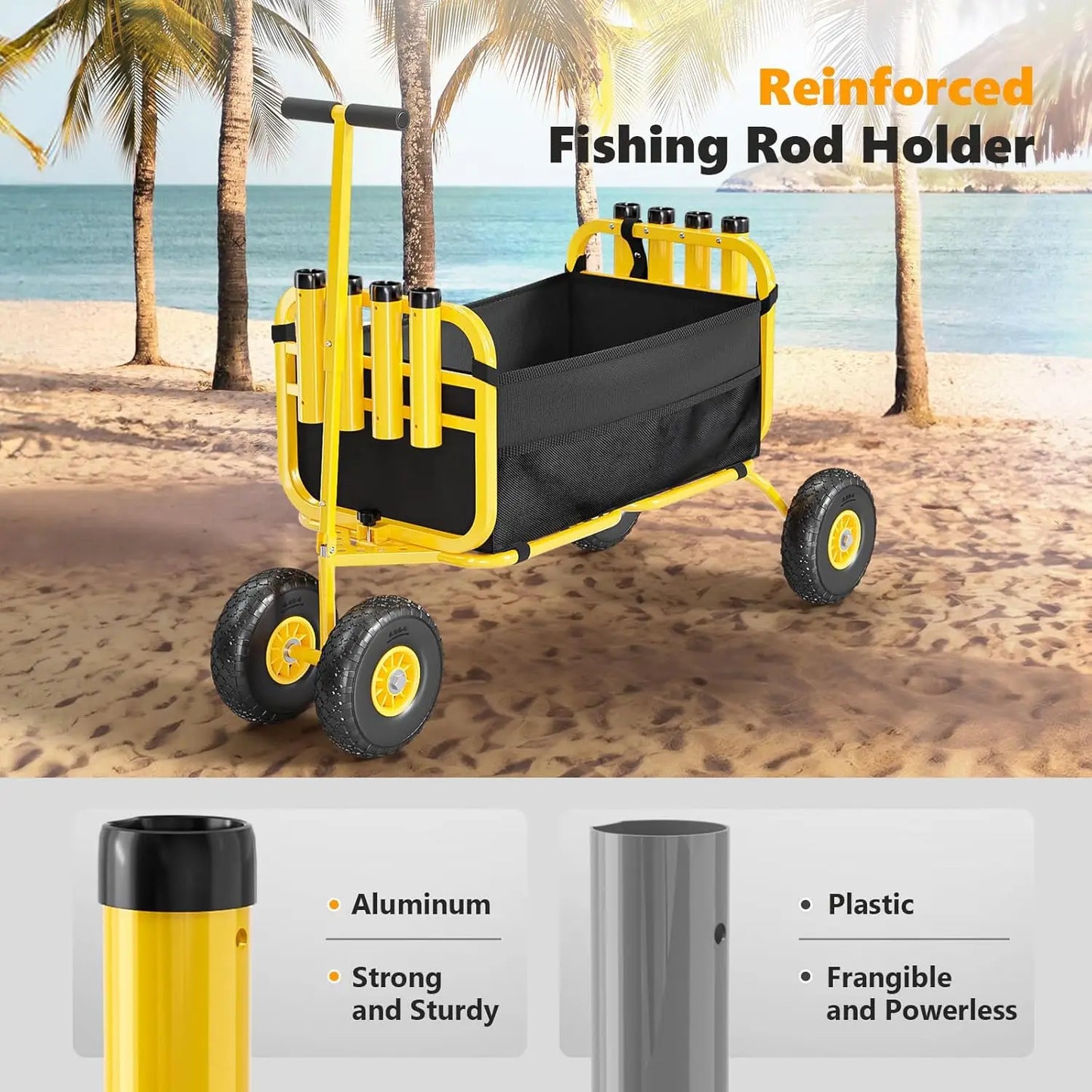 Foldable Trolley with 11" Airless Tires, Beach Trailer 550 lbs Load Capacity, 8 Rod Holders