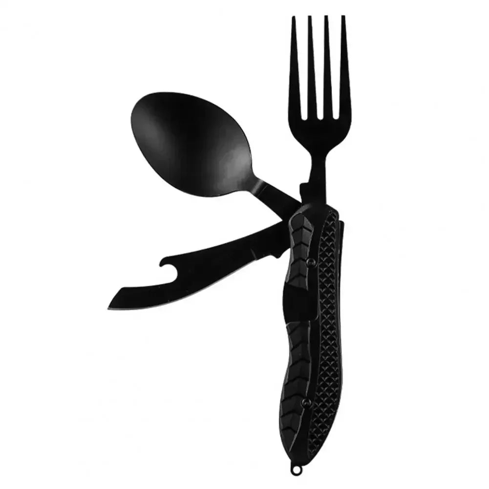 Three-in-One Multi-Tool Camping, Folding Spoon, Fork, Knife Bottle Opener