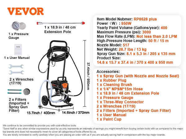 750W 950W Airless Paint Sprayer 3000PSI High Efficiency Electric