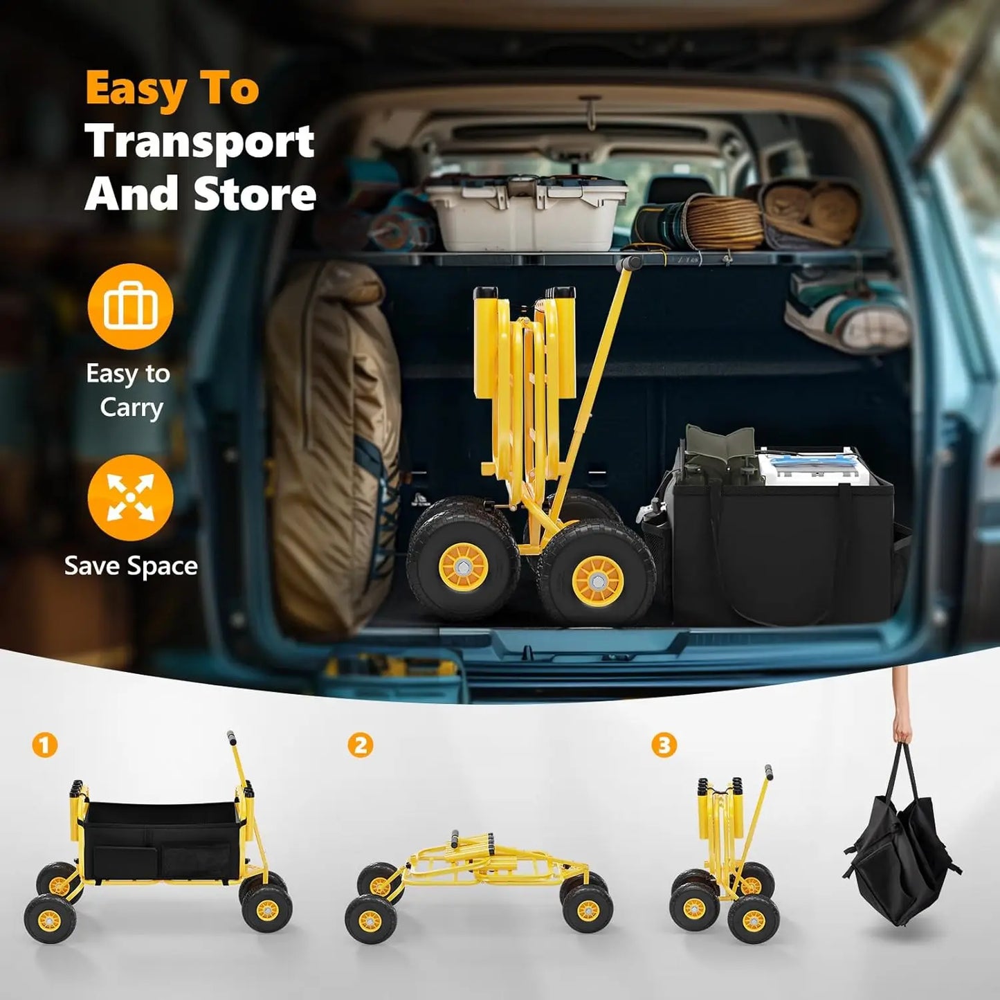 Foldable Trolley with 11" Airless Tires, Beach Trailer 550 lbs Load Capacity, 8 Rod Holders