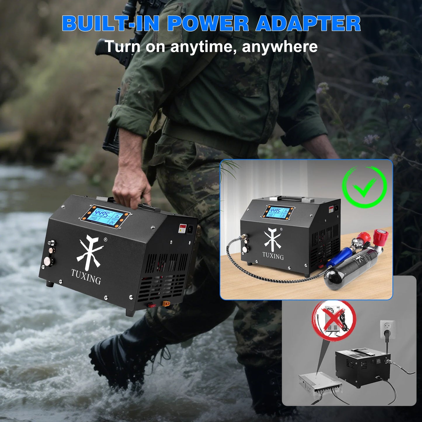 TUXING TXET063 300Bar High Pressure PCP Air Compressor Built-in power supply with LCD Display Digital Control System for Airgun