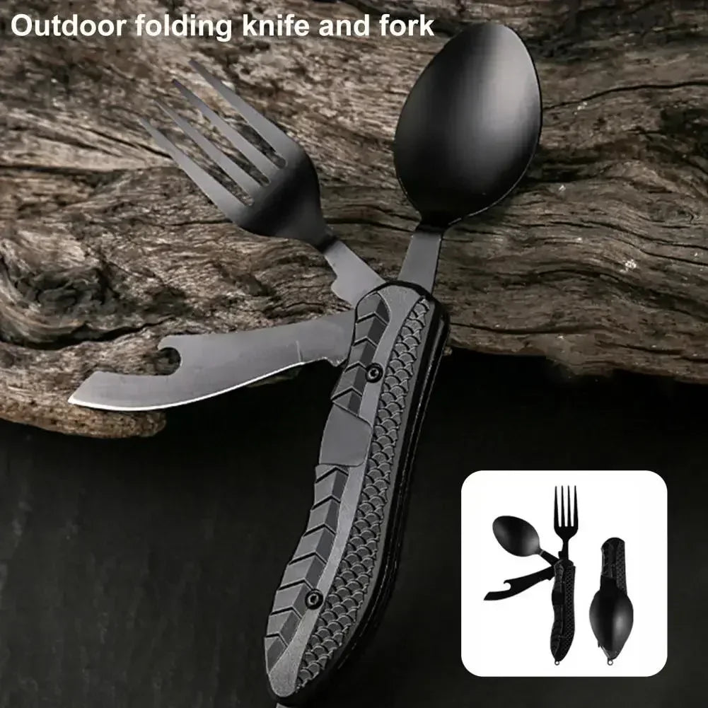 Three-in-One Multi-Tool Camping, Folding Spoon, Fork, Knife Bottle Opener