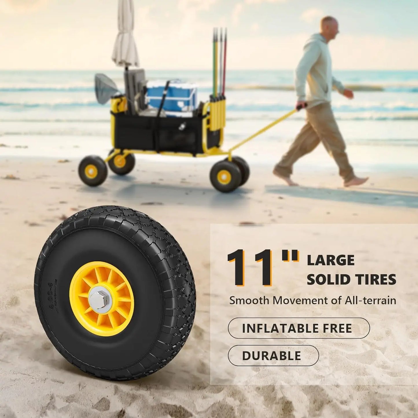 Foldable Trolley with 11" Airless Tires, Beach Trailer 550 lbs Load Capacity, 8 Rod Holders