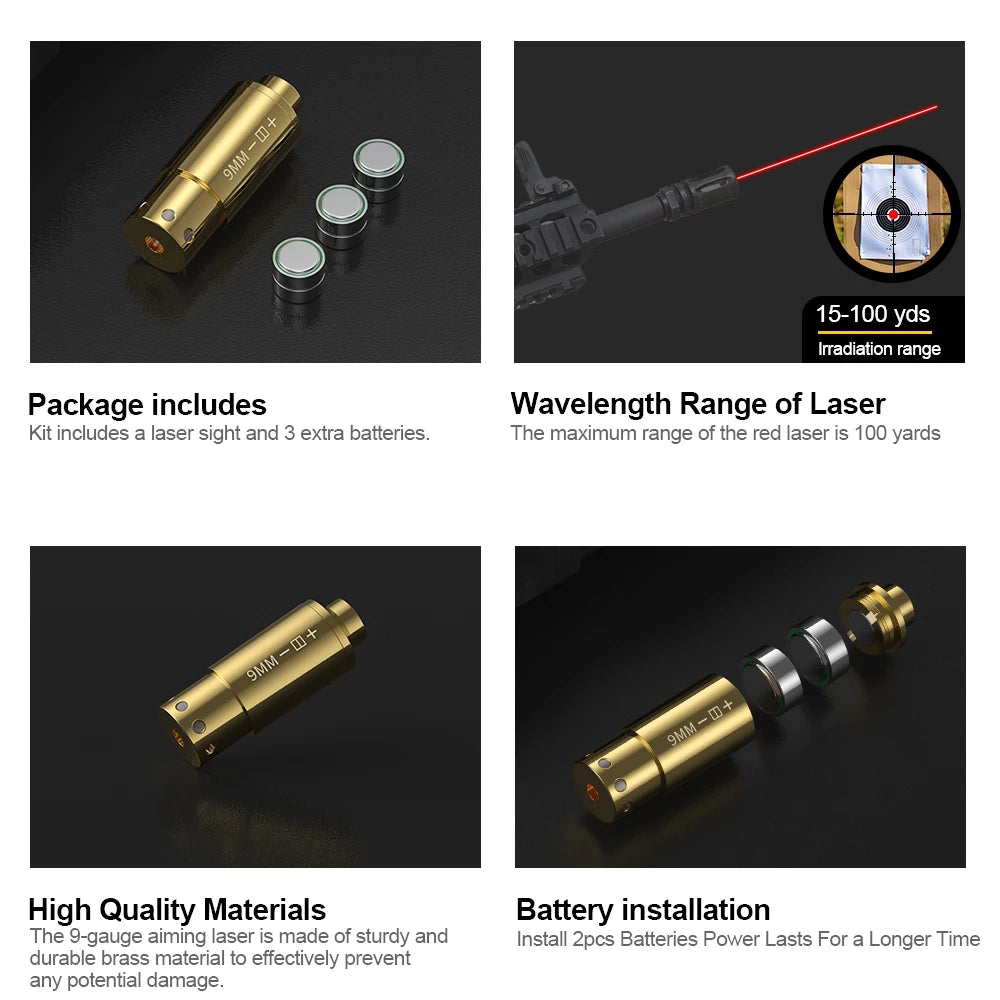 9MM Optics Cartridge Red Dot Laser Brass 9MM Boresighter