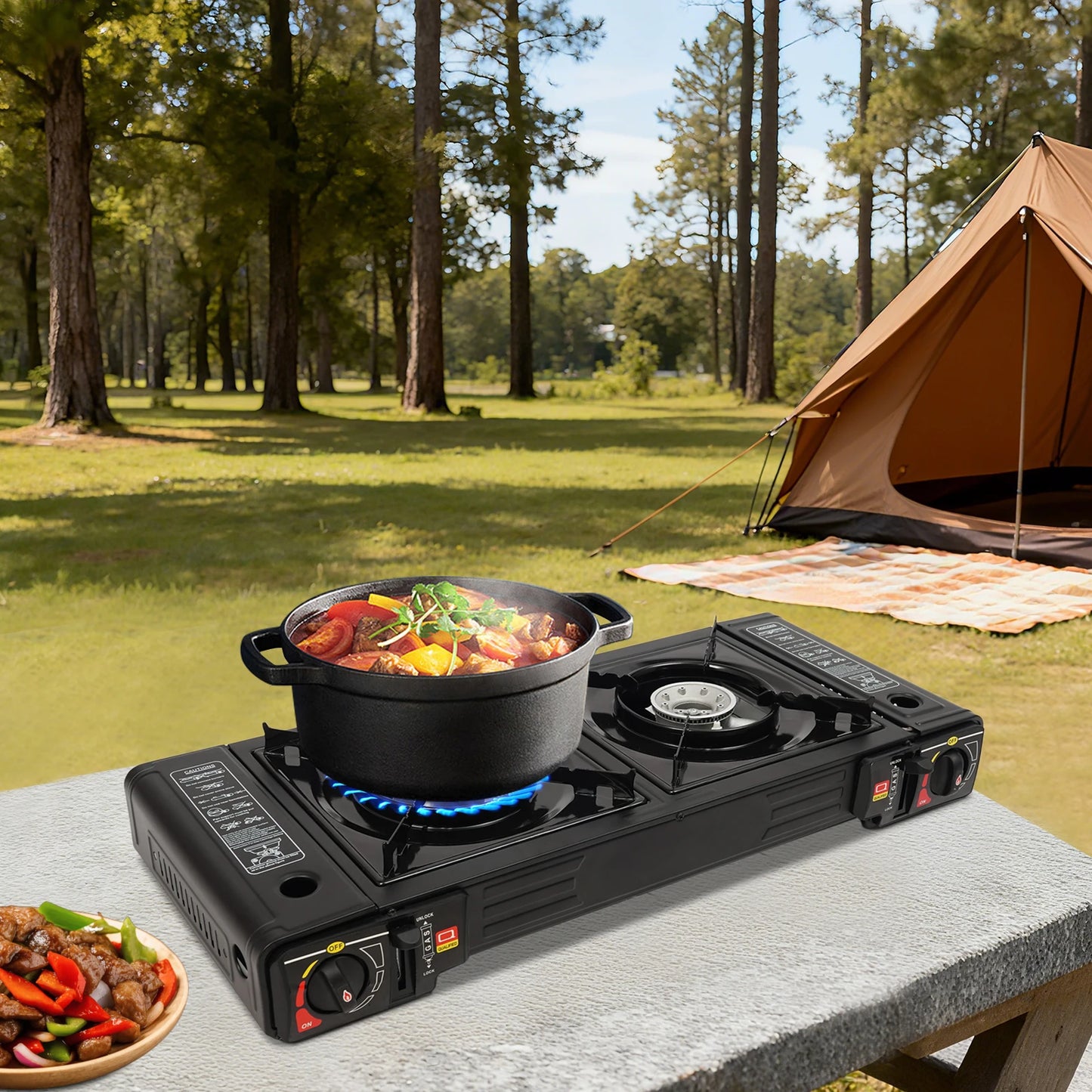 2-Burner Portable Camping Stove w/Baking Pan and Carrying Case