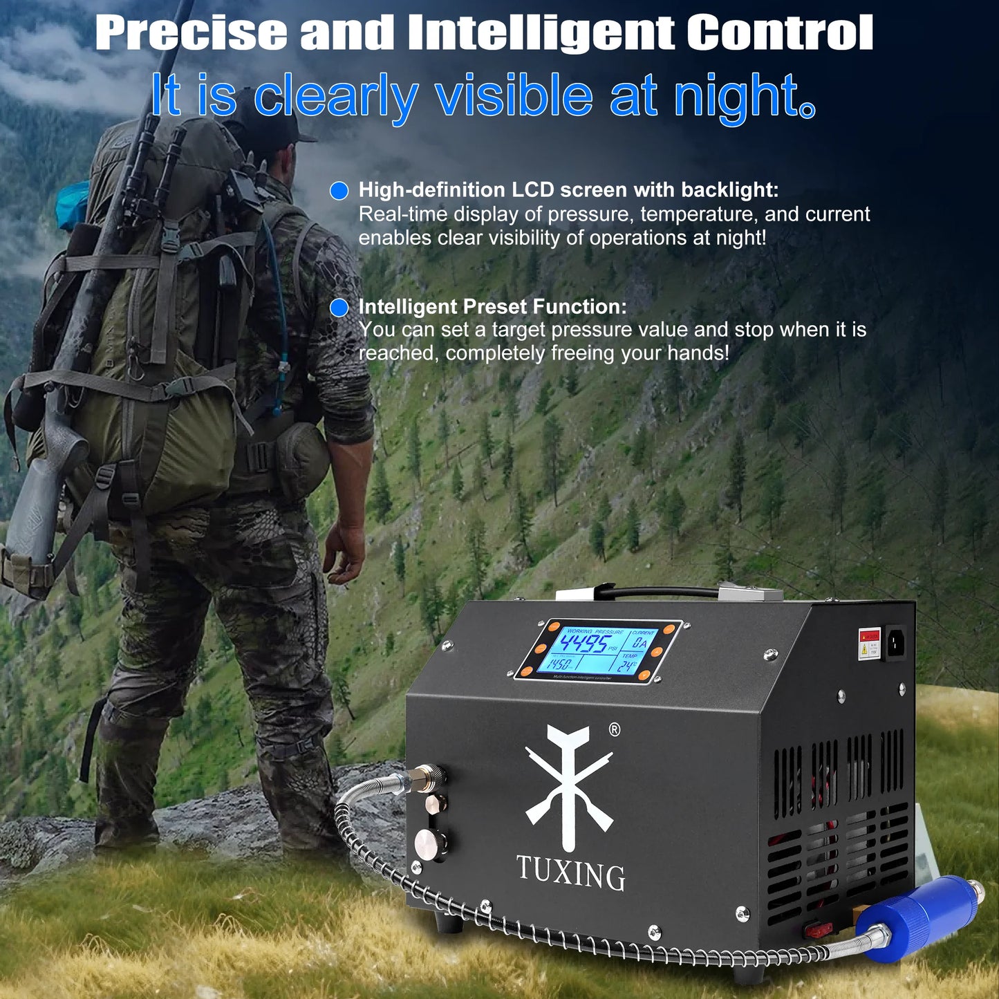 TUXING TXET063 300Bar High Pressure PCP Air Compressor Built-in power supply with LCD Display Digital Control System for Airgun