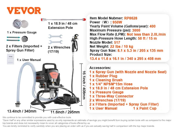 750W 950W Airless Paint Sprayer 3000PSI High Efficiency Electric