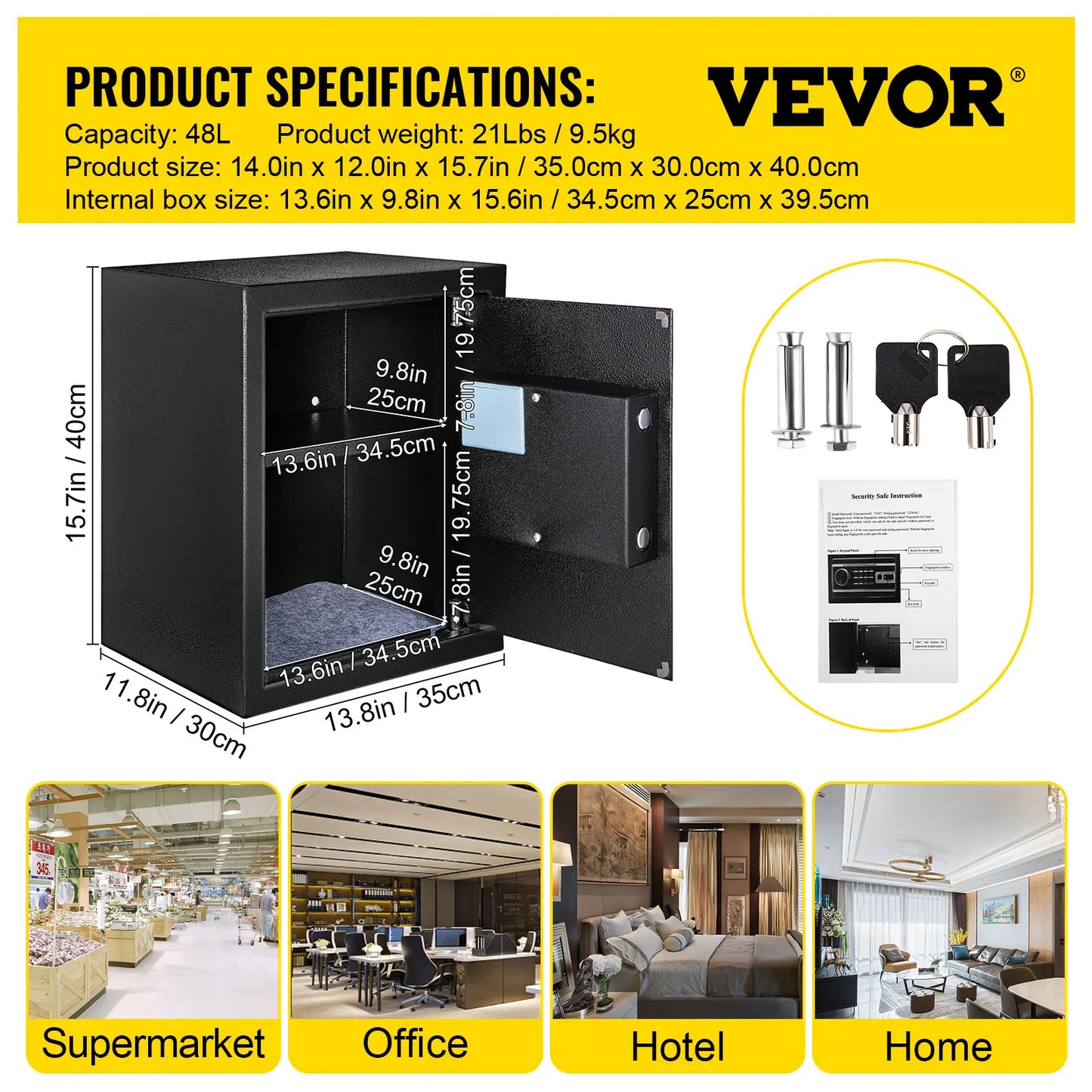 Fingerprint Locks Safe Deposit Box 0.8/1.7/2.1 Cubic Feet Digital Electronic Bank for Money, Guns