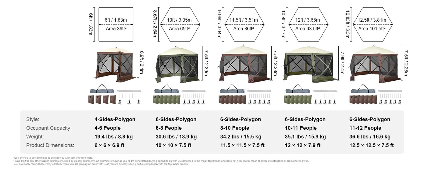 Pop Up Gazebo Tent, Pop-Up Screen Tent, 6 Sided Canopy Sun Shelter
