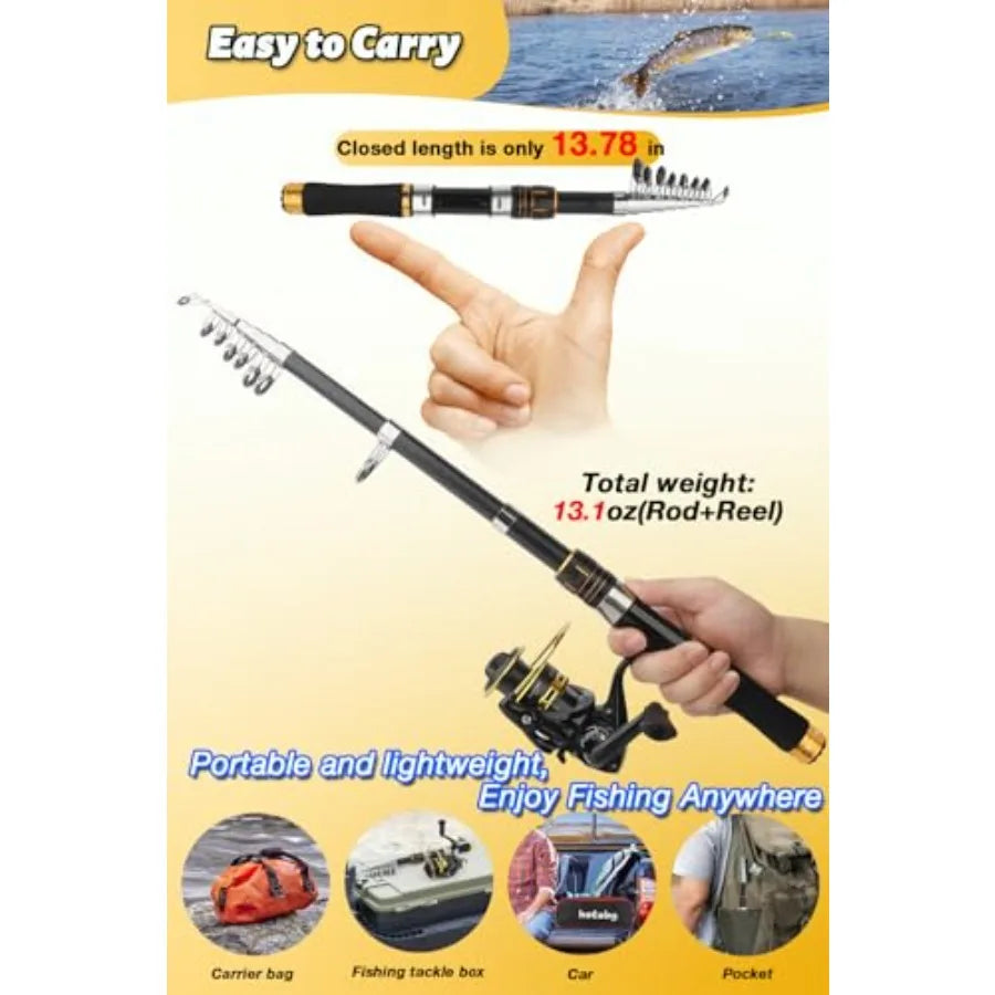 Fishing Pole Combo Set 6.89 ft Carbon Fiber Telescopic Fishing Rod and Reel Combo