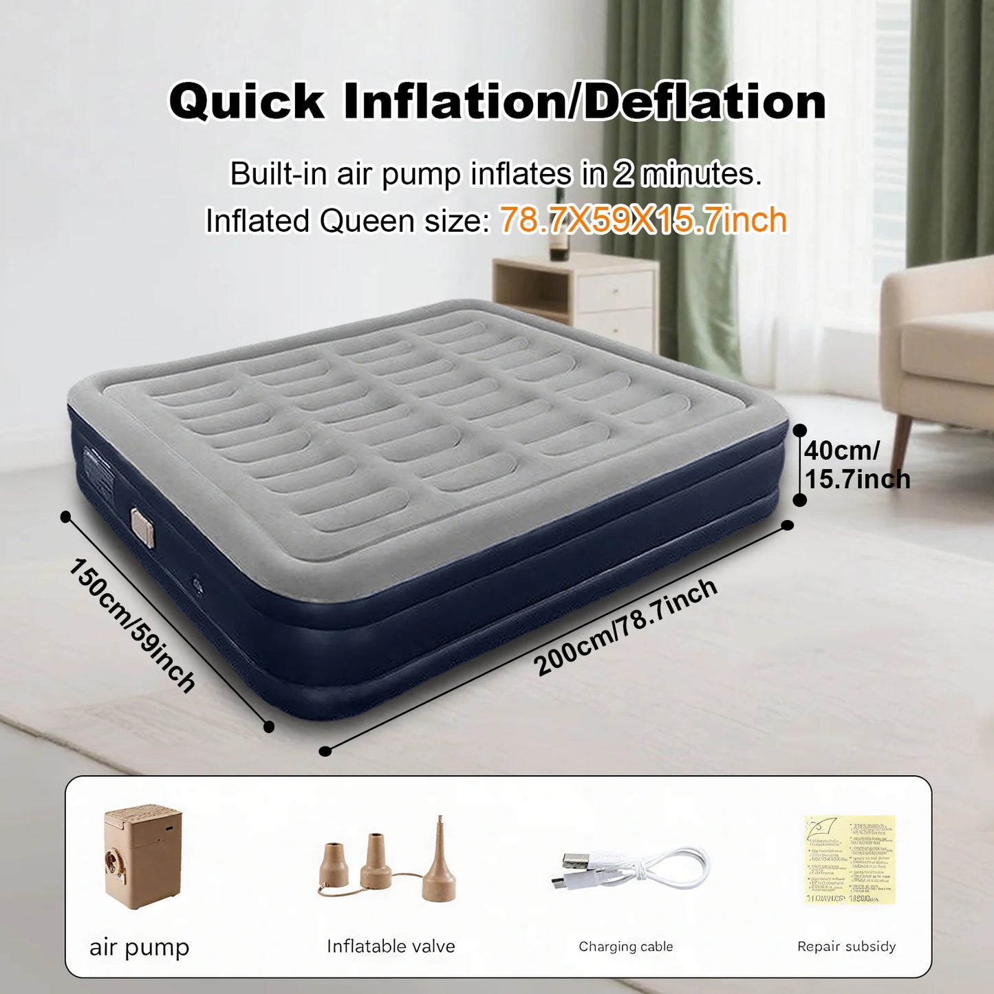 PVC Automatic Inflatable Mattress Camping/Home, Built-In Pump