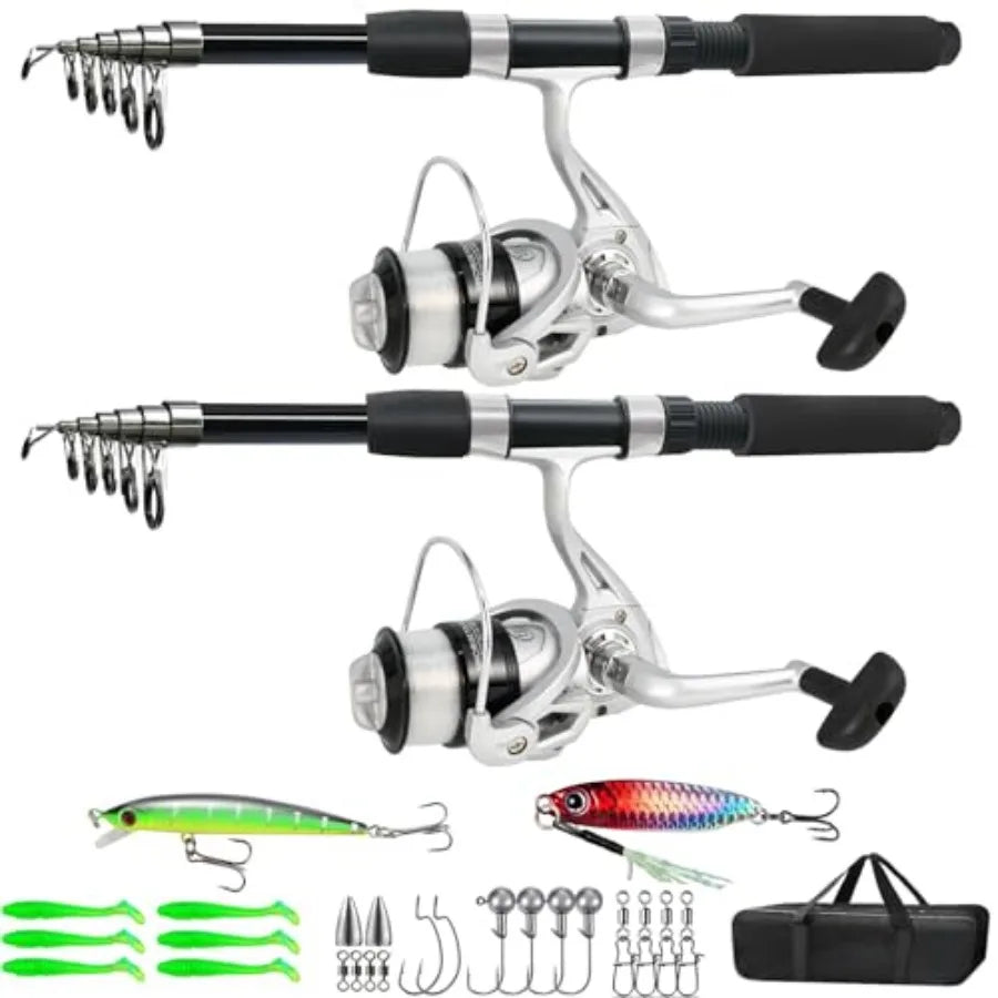 Fishing Pole Combo 6.9ft 2Pcs Telescopic Rods, 2PCS Spinning Reel Set with Carrier Bag