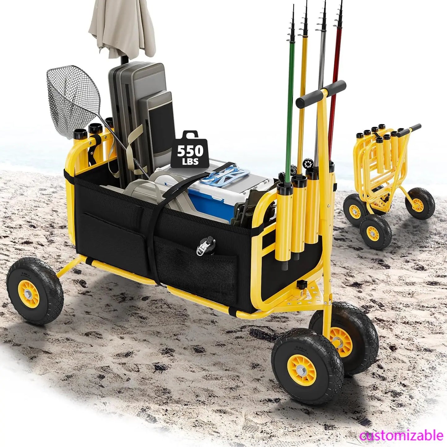 Foldable Trolley with 11" Airless Tires, Beach Trailer 550 lbs Load Capacity, 8 Rod Holders