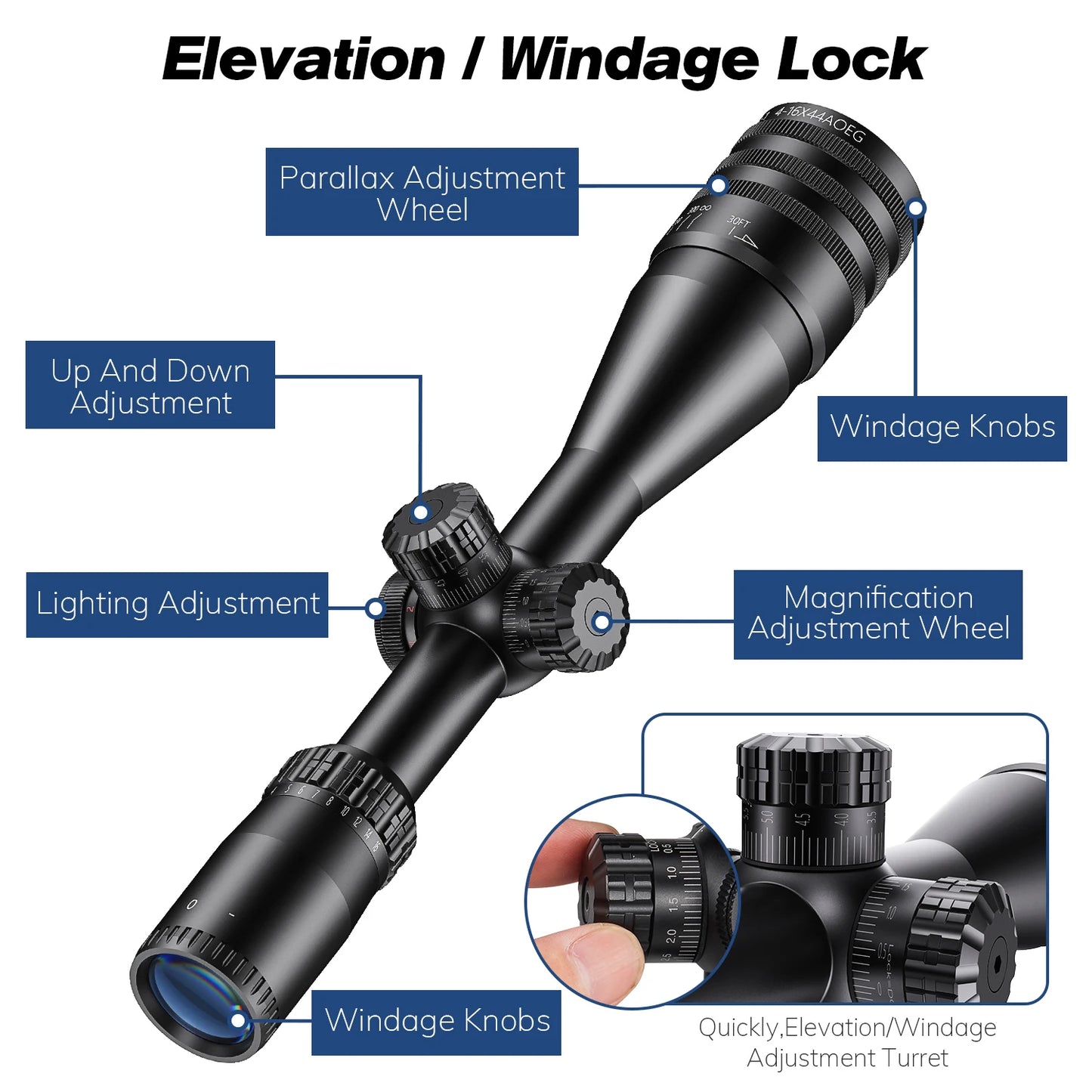 Tactical 4-16x44 AOE Riflescope, Hunting Scopes