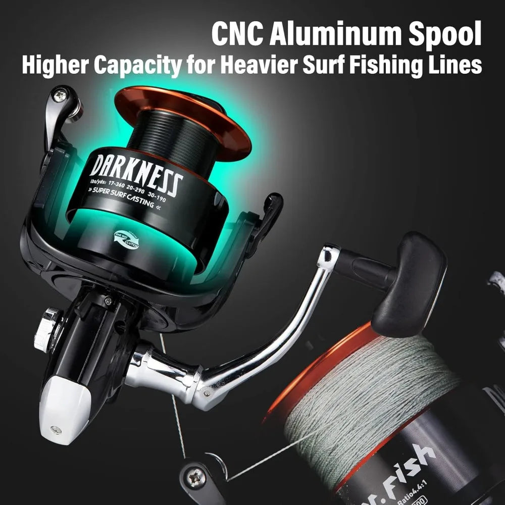 Surf rod and reel combination, saltwater fishing combination